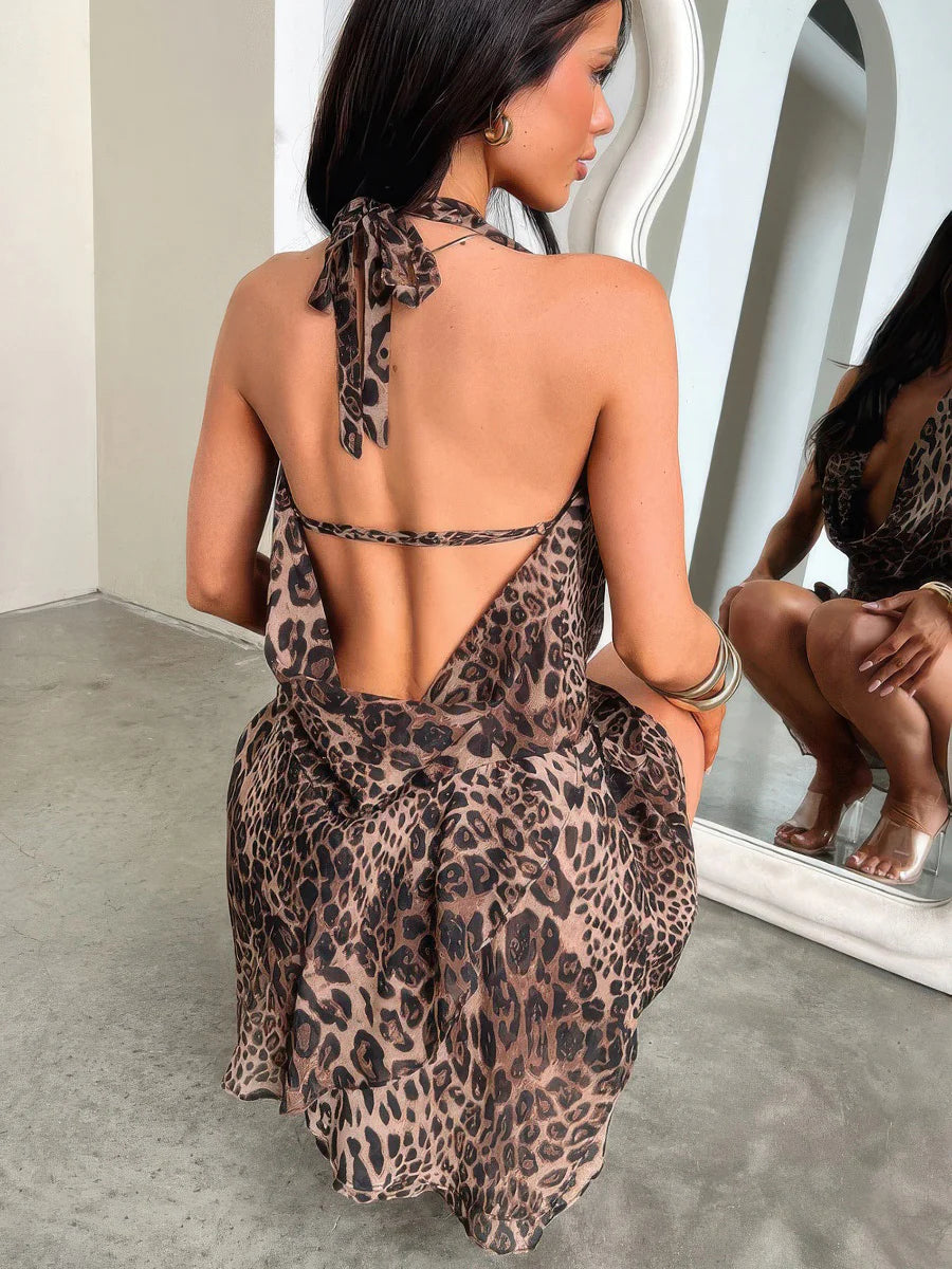 Backless Leopard Print Halter Dress