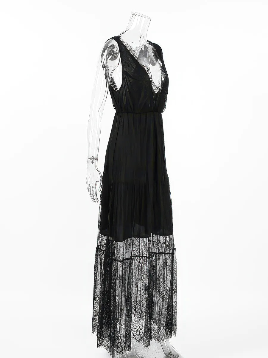 Black Lace Backless Waisted V-Neck A-Line Dress