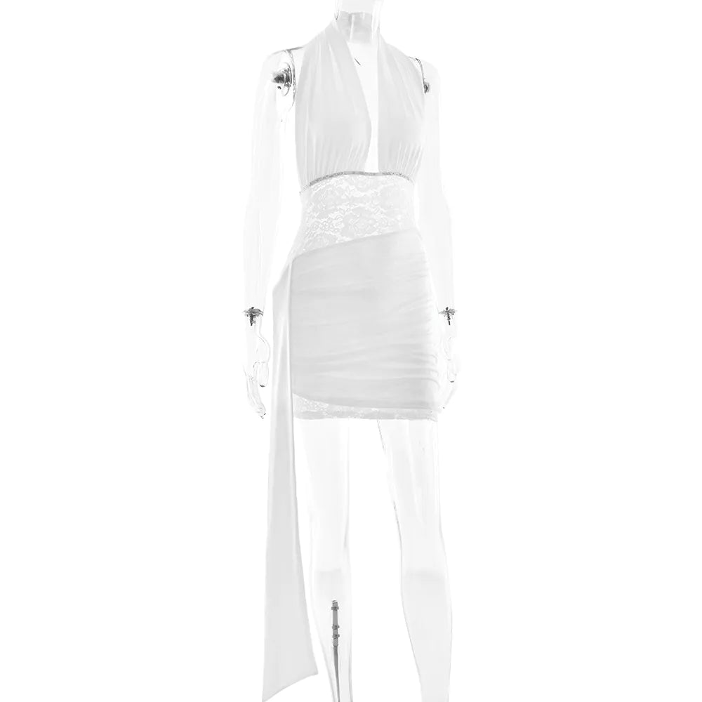 V-neck lace patchwork halter neck ribbon hip dress