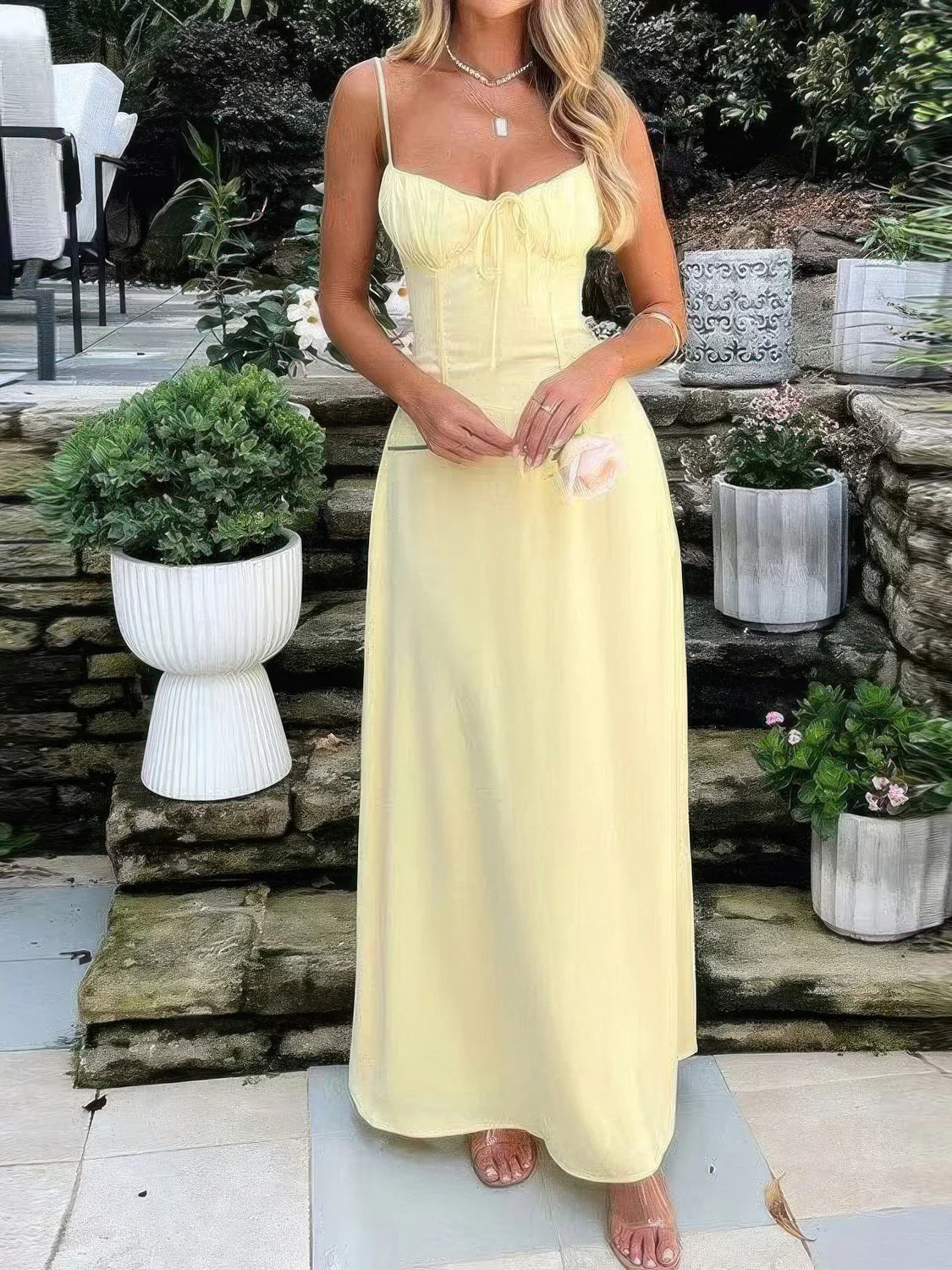 solid color a line maxi dress with tie IFAUN White / XL solid color a line maxi dress with tie IFAUN White / XL