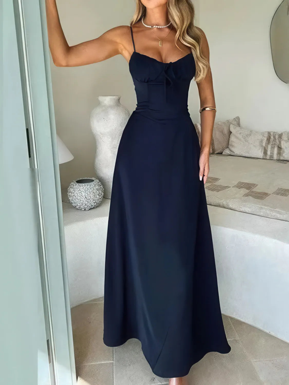 Solid Color A-Line Maxi Dress with Tie