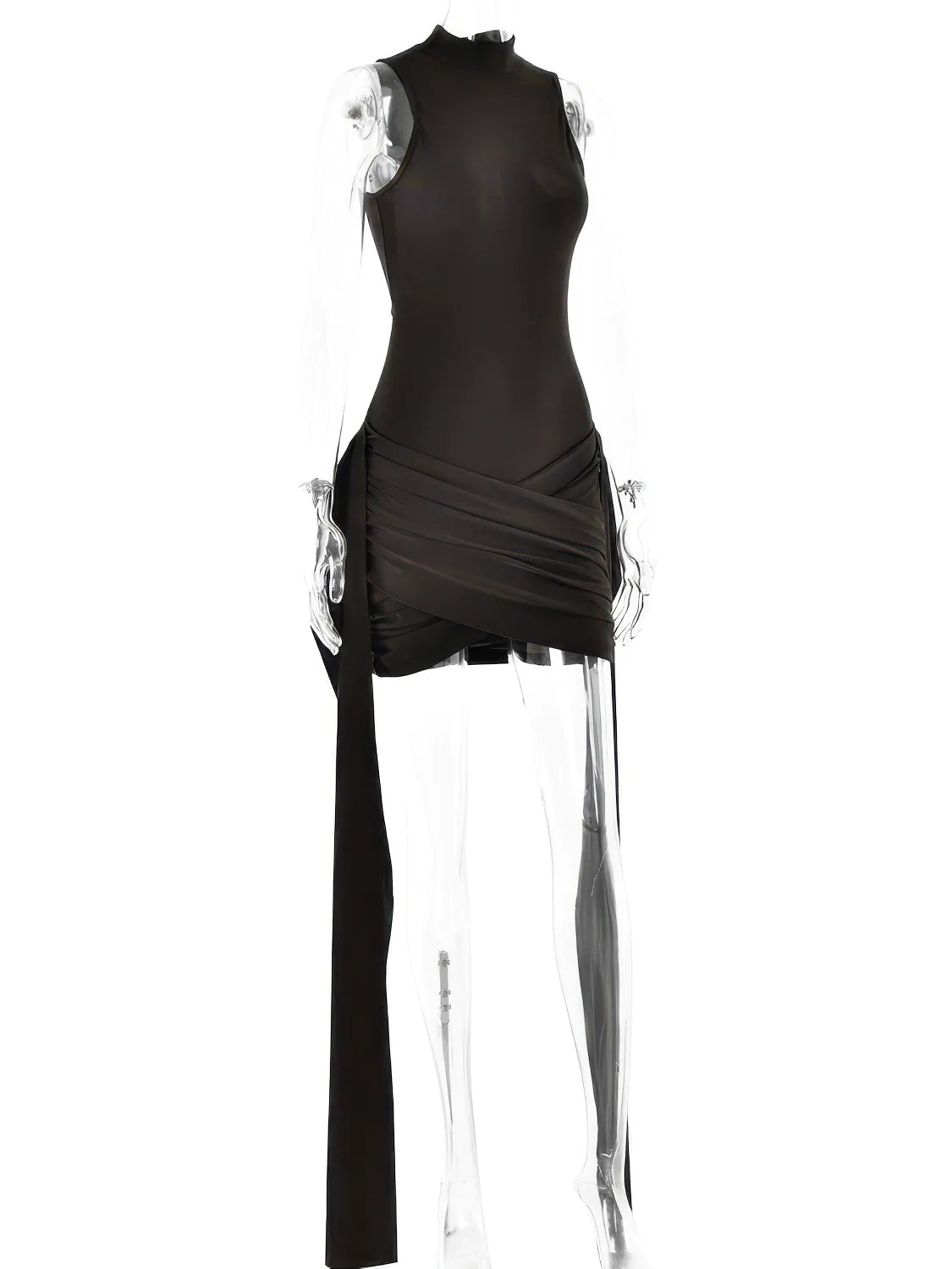 Black dress with sheer panels on a white background #Color_Coffee