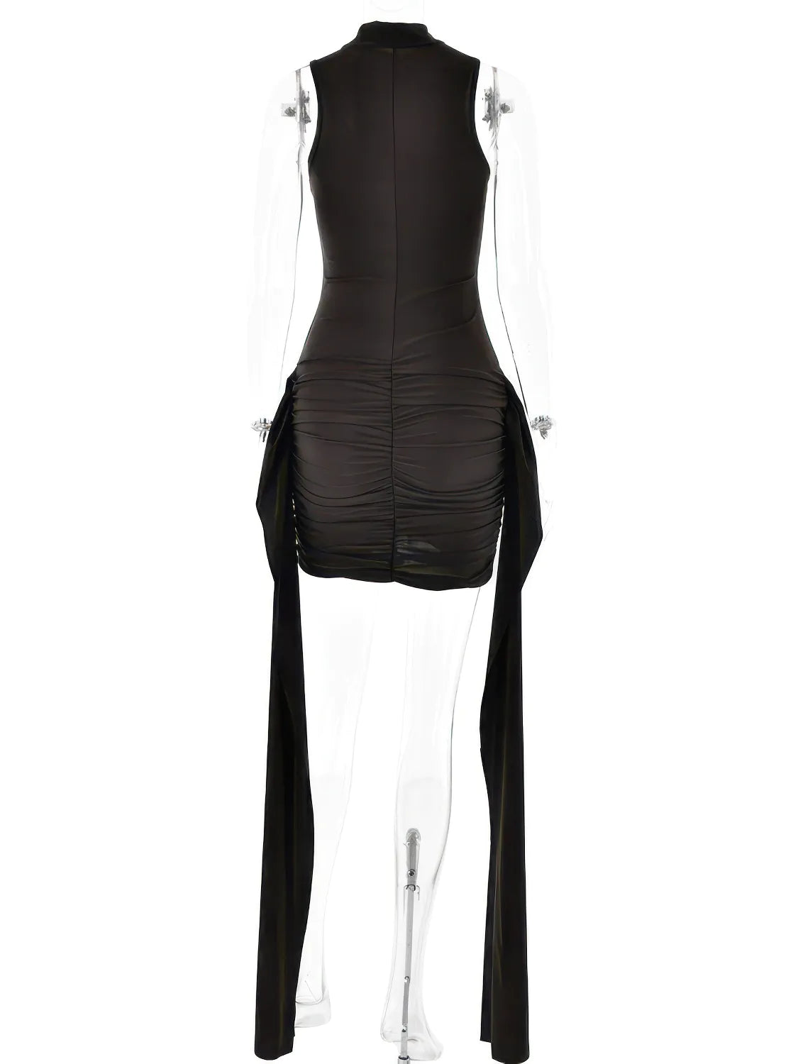 Black sleeveless dress with ruched design on a mannequin against a white background #Color_Coffee