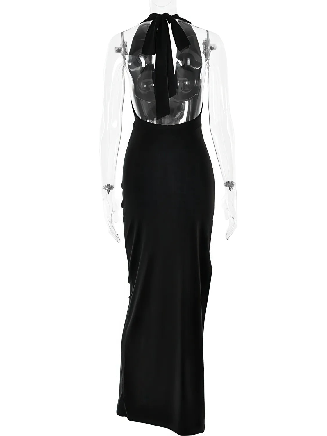 Black evening gown with sheer back on a white background. #Color_Black