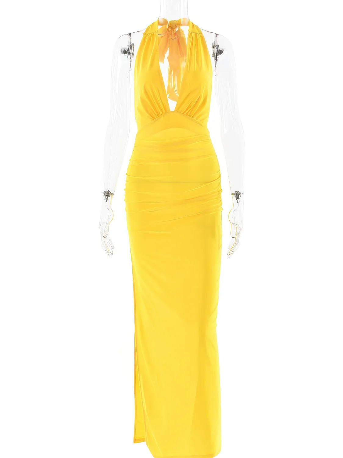Yellow halter neck dress on a white background. #Color_Yellow