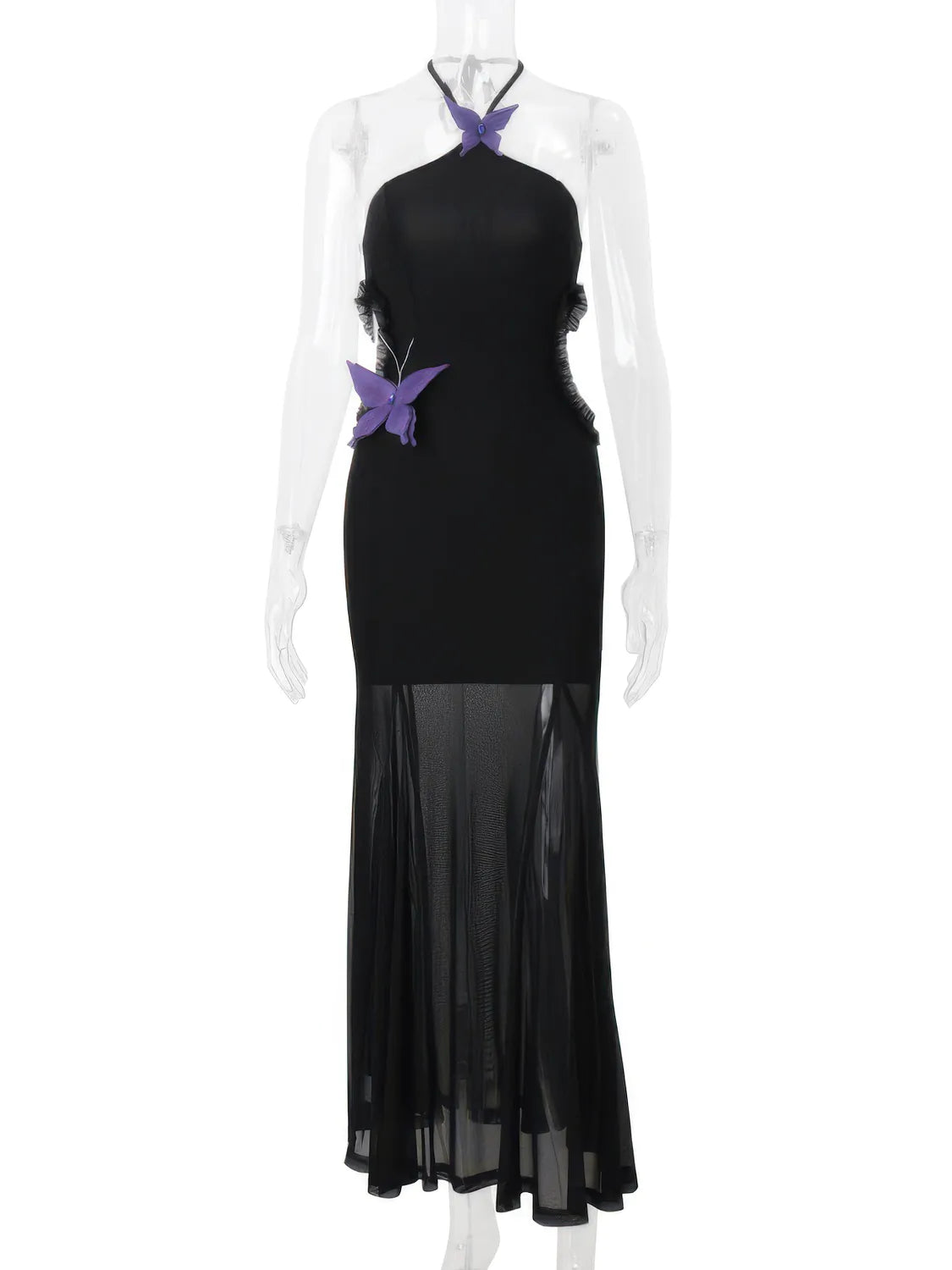 Black evening gown with sheer overlay and purple butterflies on a white background. #Color_Black