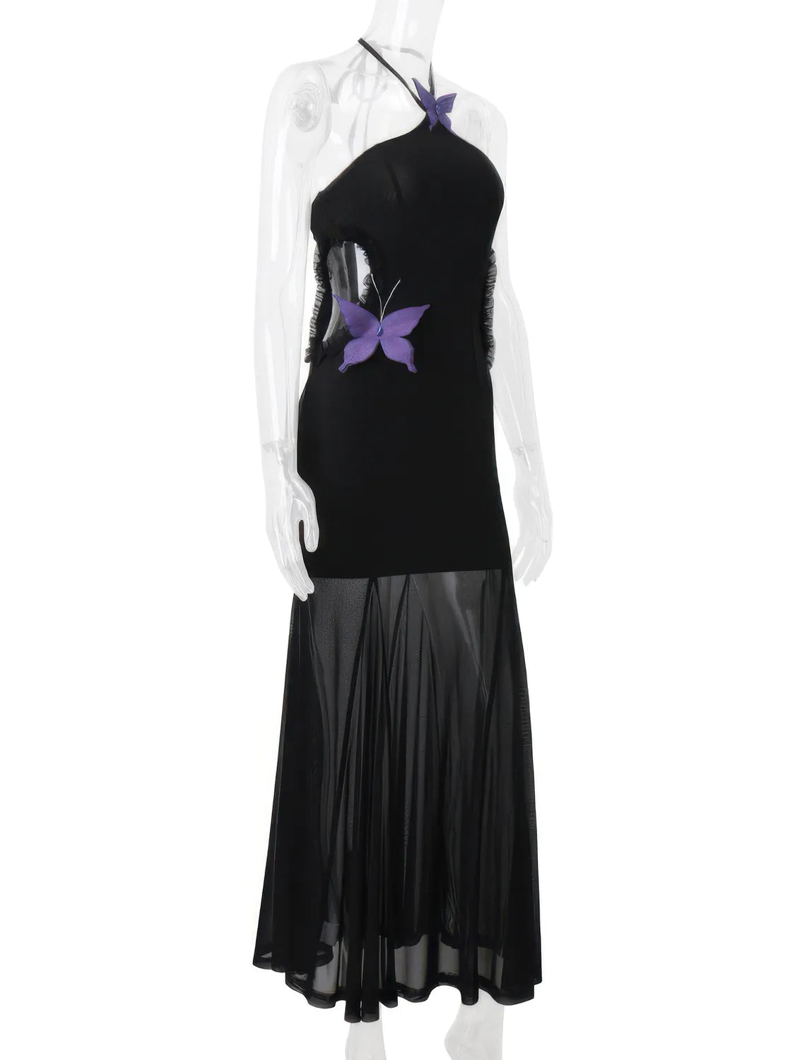 Black dress with a purple butterfly design on a white background. #Color_Black