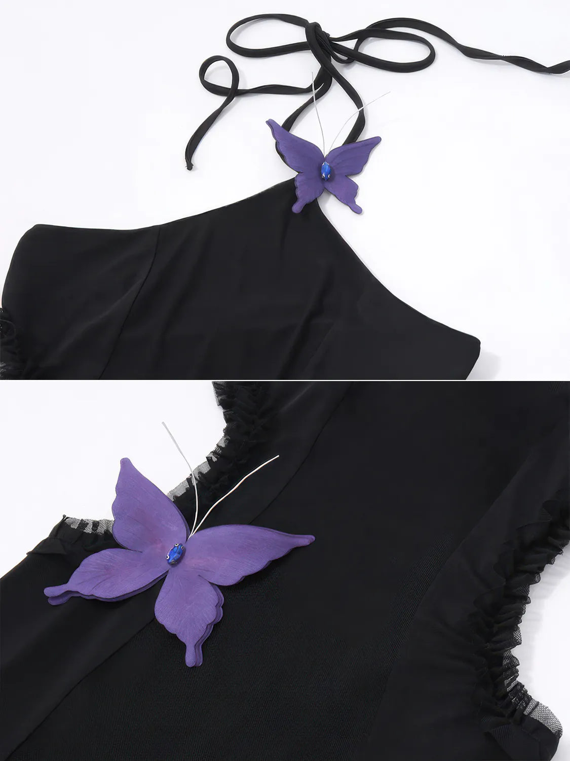 Black strapless top with purple butterfly accessory on a white background. #Color_Black