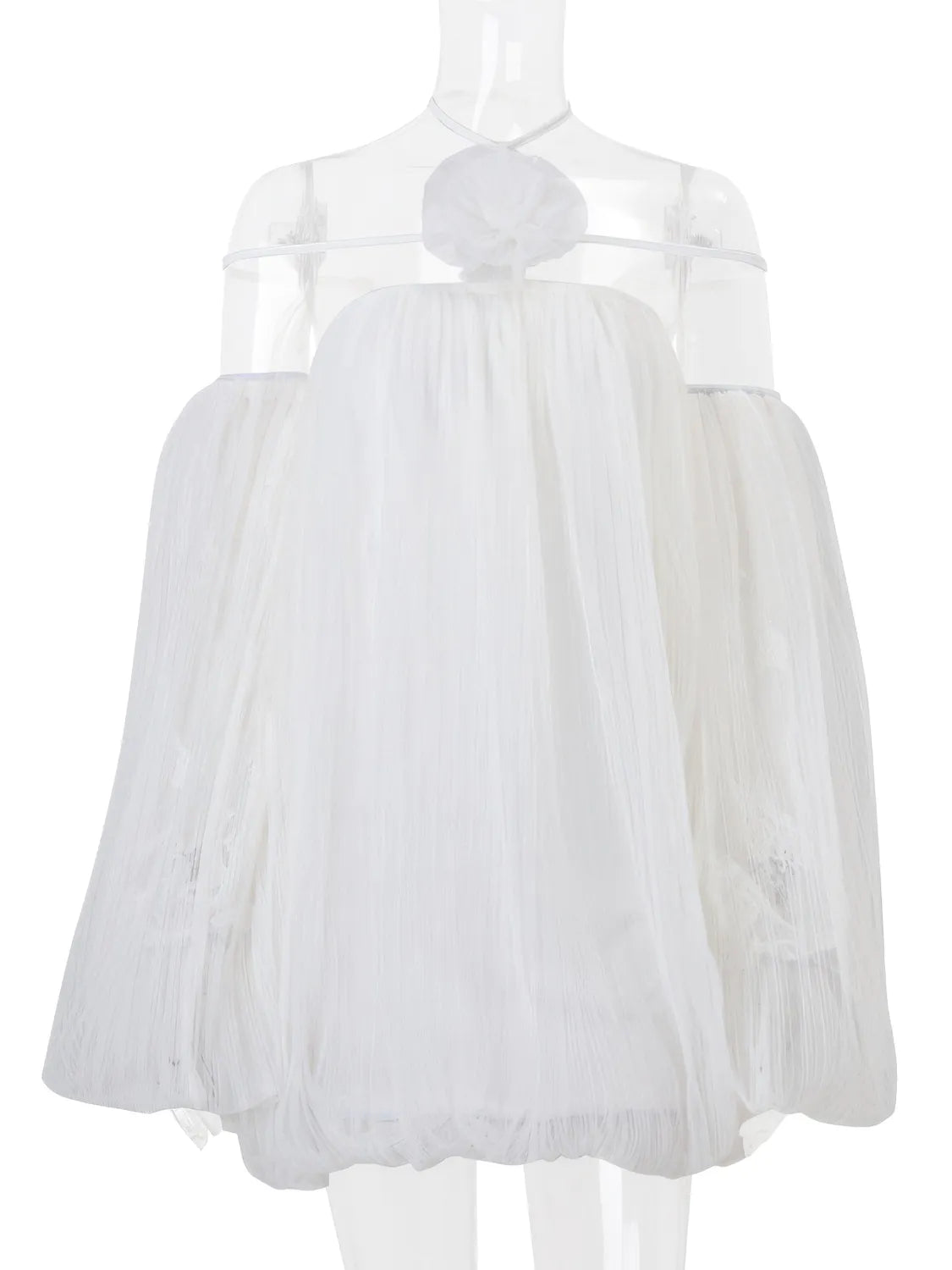 White dress with sheer overlay on a white background. #Color_White