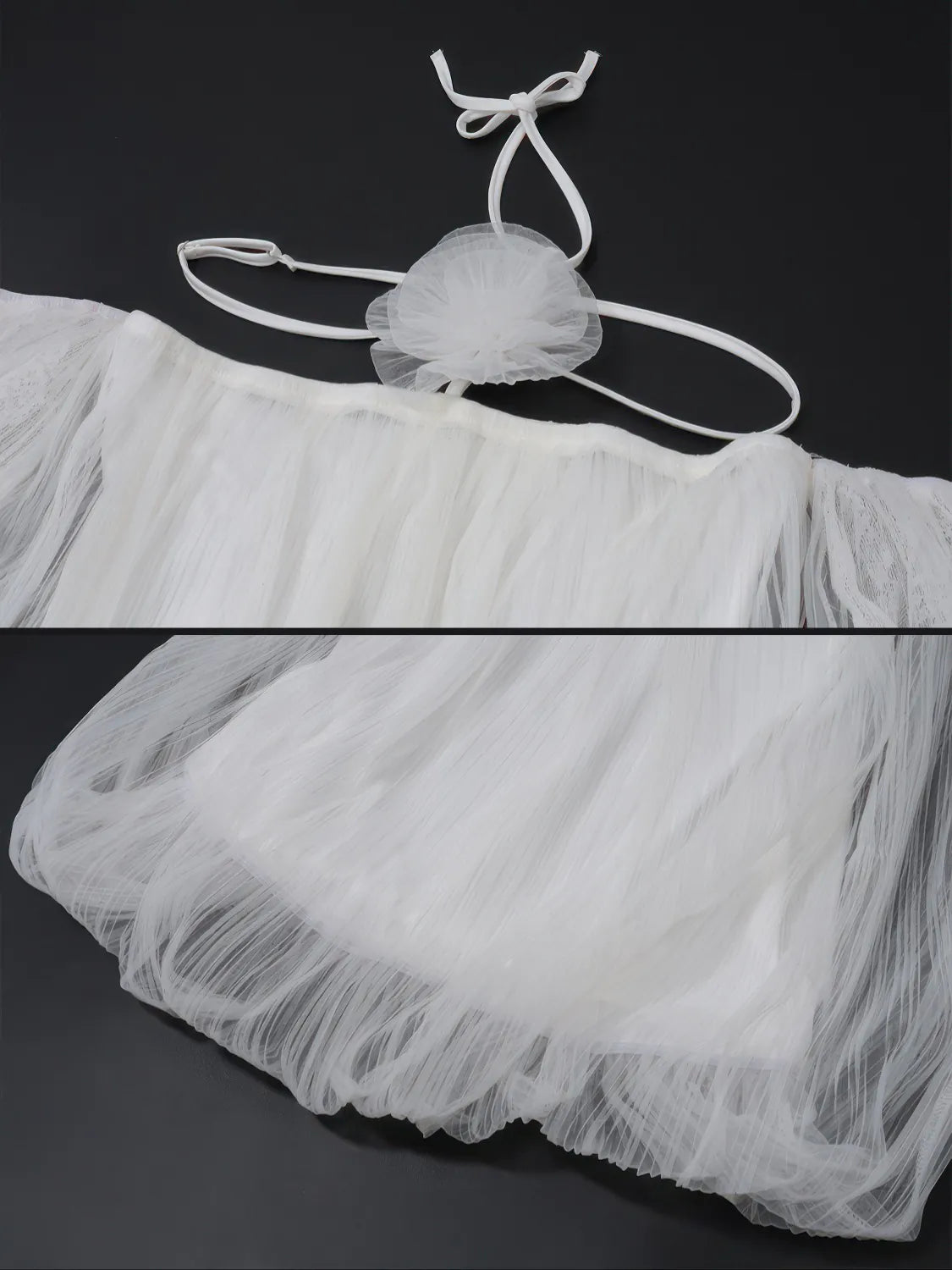 White tulle skirt with a matching headband on a black background. #Color_White