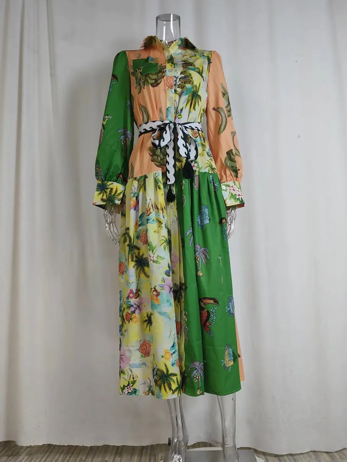 Colorful floral dress on a mannequin against a plain background. #Color_RosyBrown