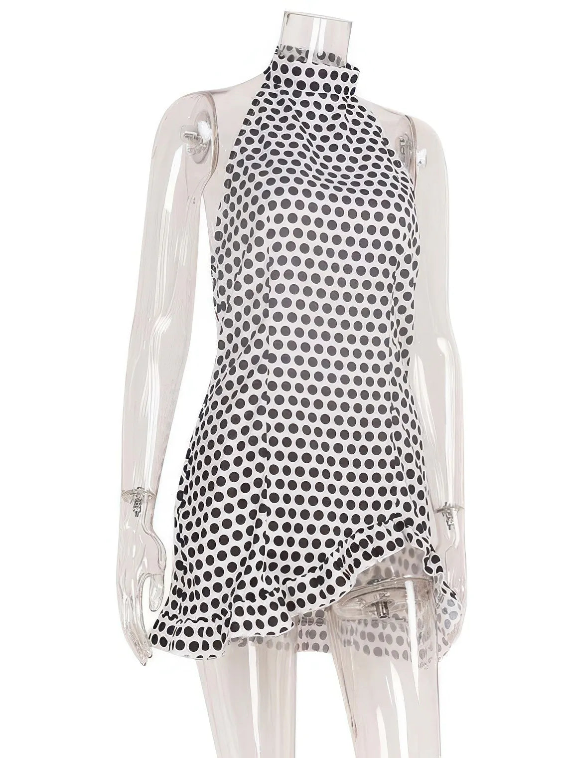 High-Waisted Slim-Fit Polka Dot Halter Dress