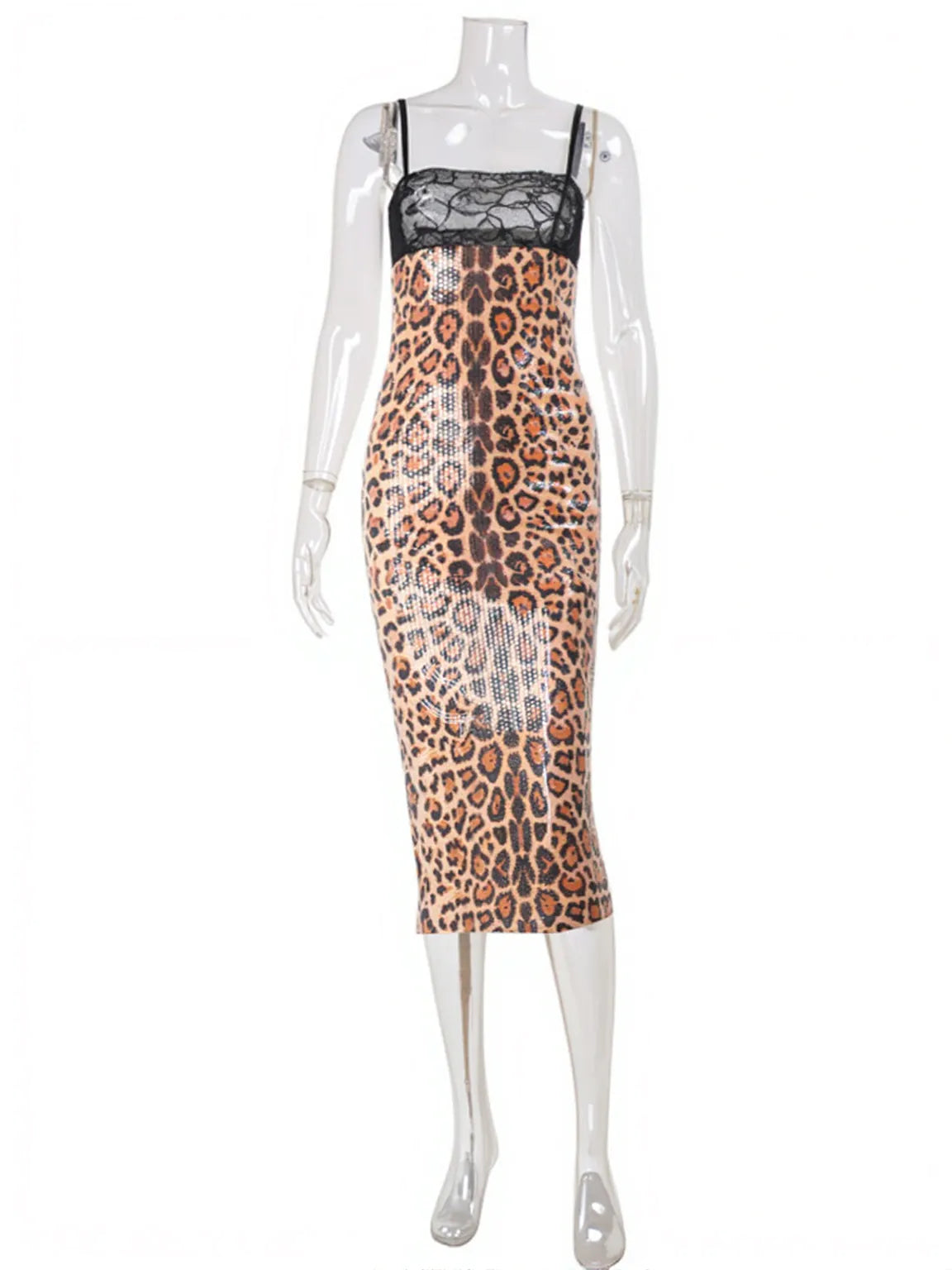 Elegant Lace Stitch Leopard Sequin Dress