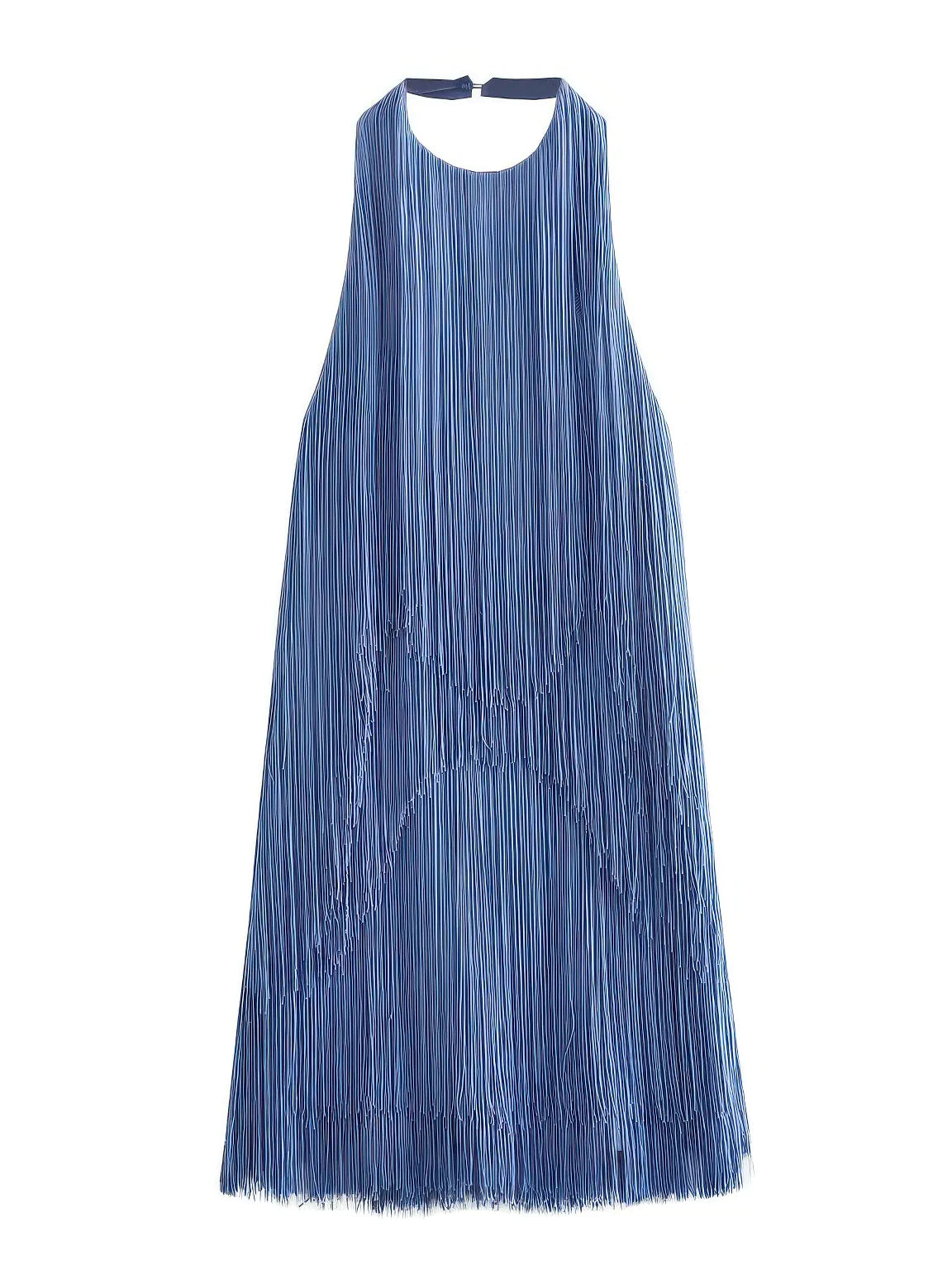 Blue pleated dress on a white background. #Color_Blue