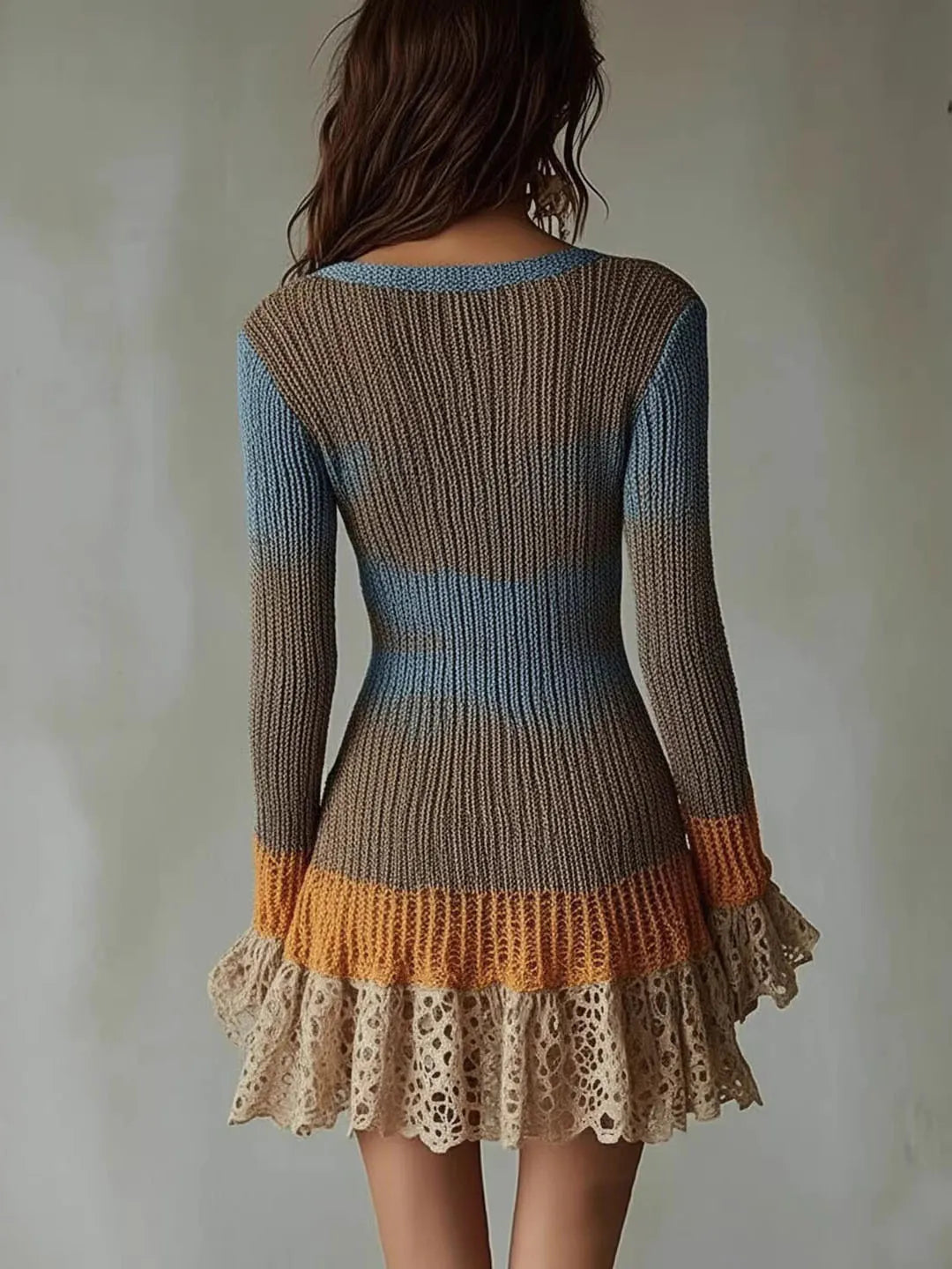 Long-sleeved knitted V-neck short skirt sweater dress