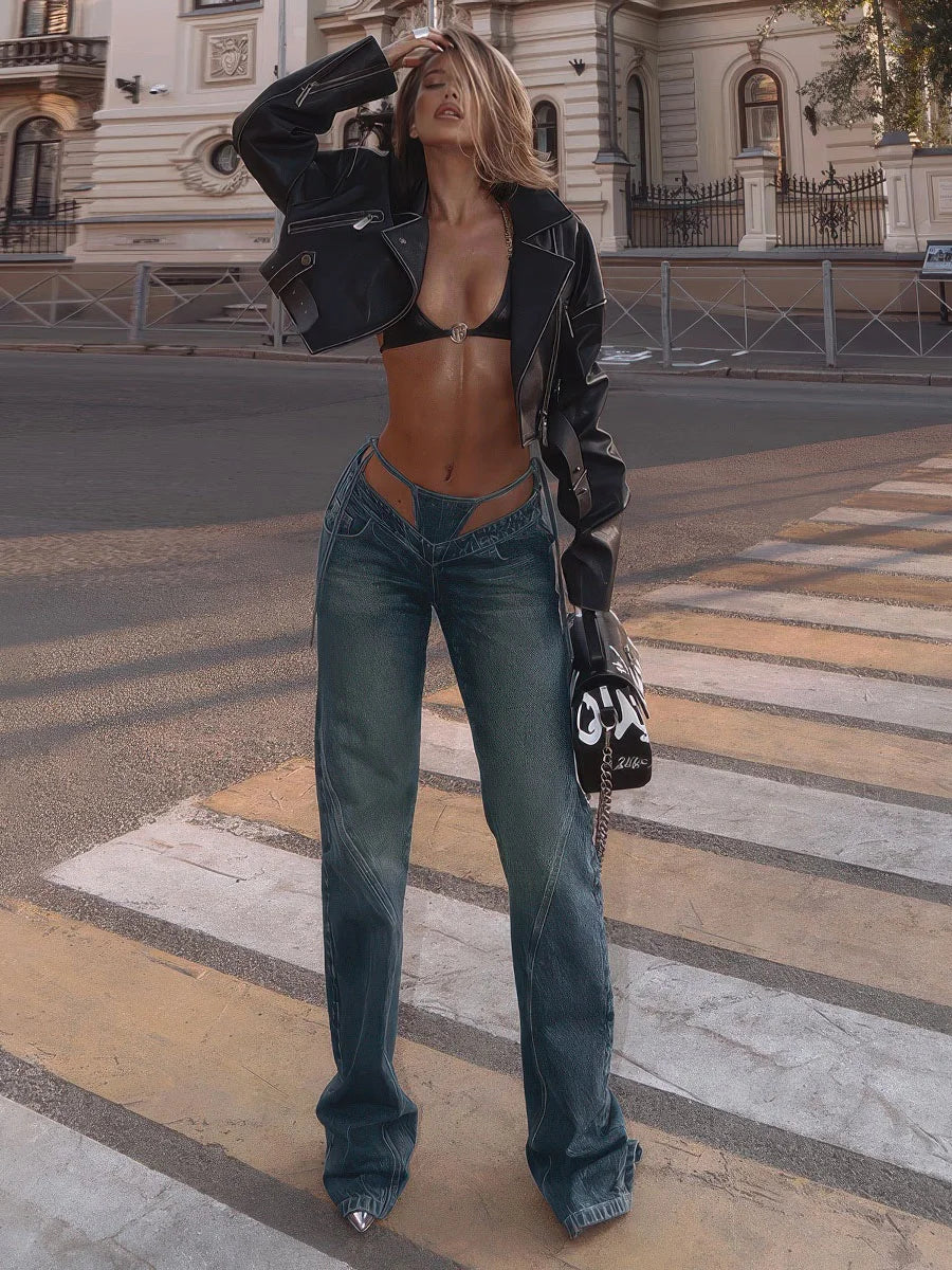 V-waist lace-up jeans for women