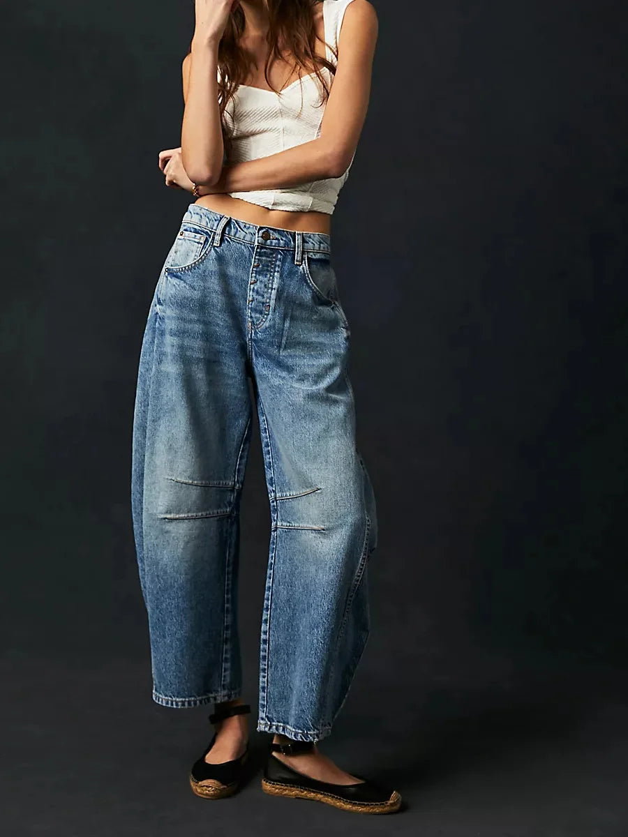 Loose wide-leg mid-low waist denim trousers