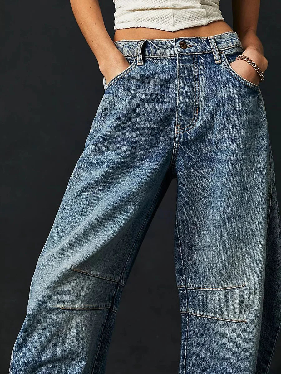 Loose wide-leg mid-low waist denim trousers
