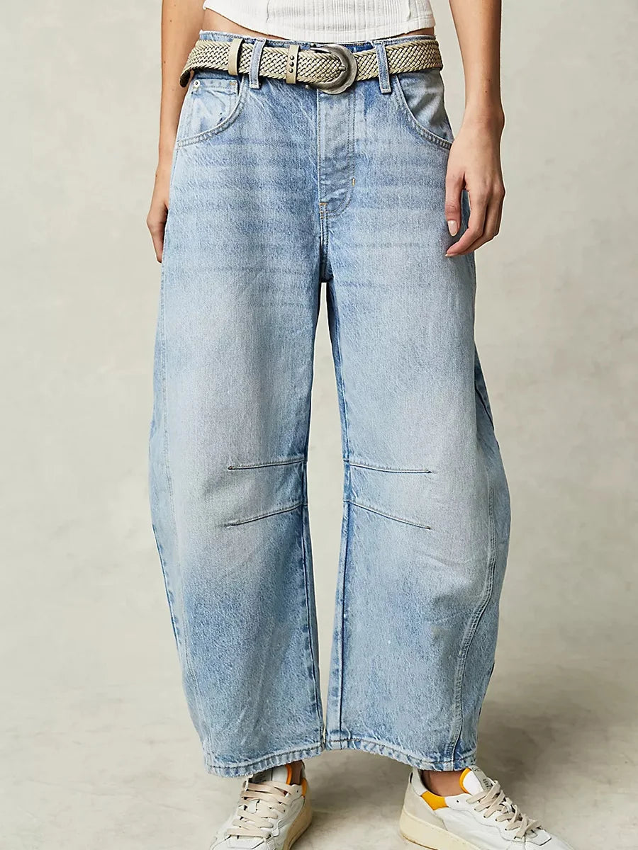 Loose wide-leg mid-low waist denim trousers