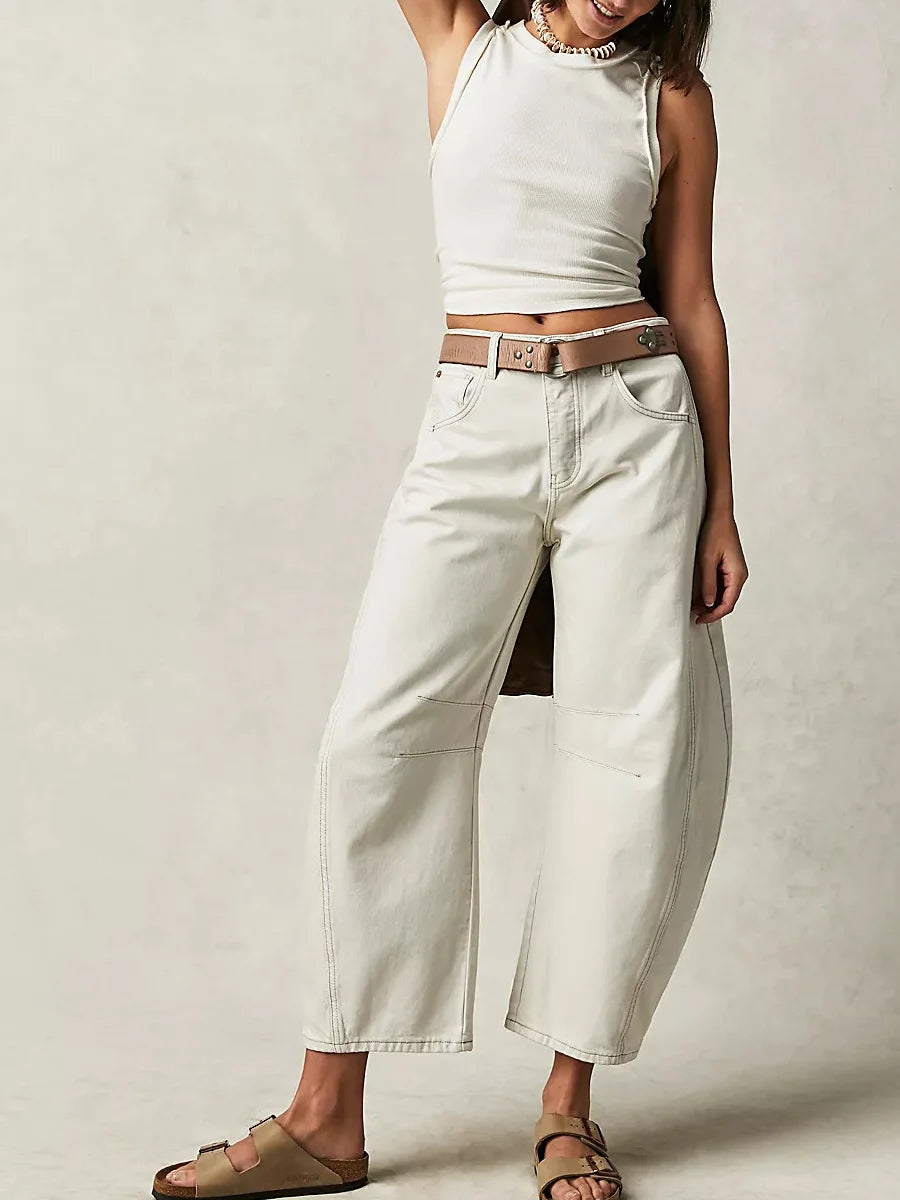 Loose wide-leg mid-low waist denim trousers