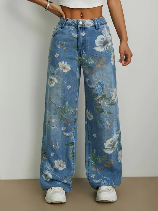 Women's Loose Straight Wide-Leg Printed Denim Pants
