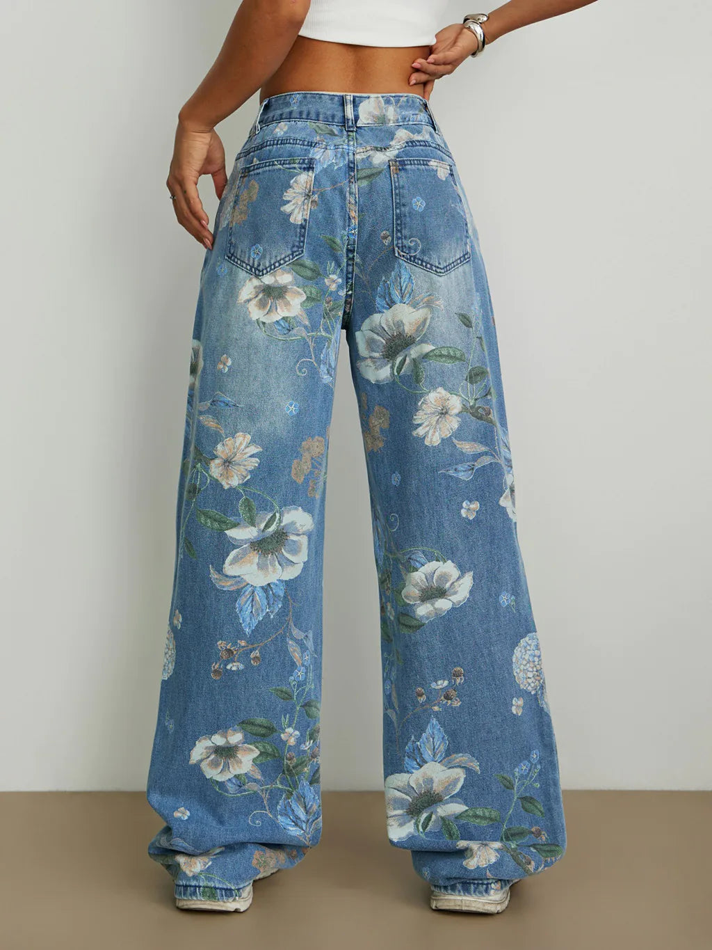 Women's Loose Straight Wide-Leg Printed Denim Pants