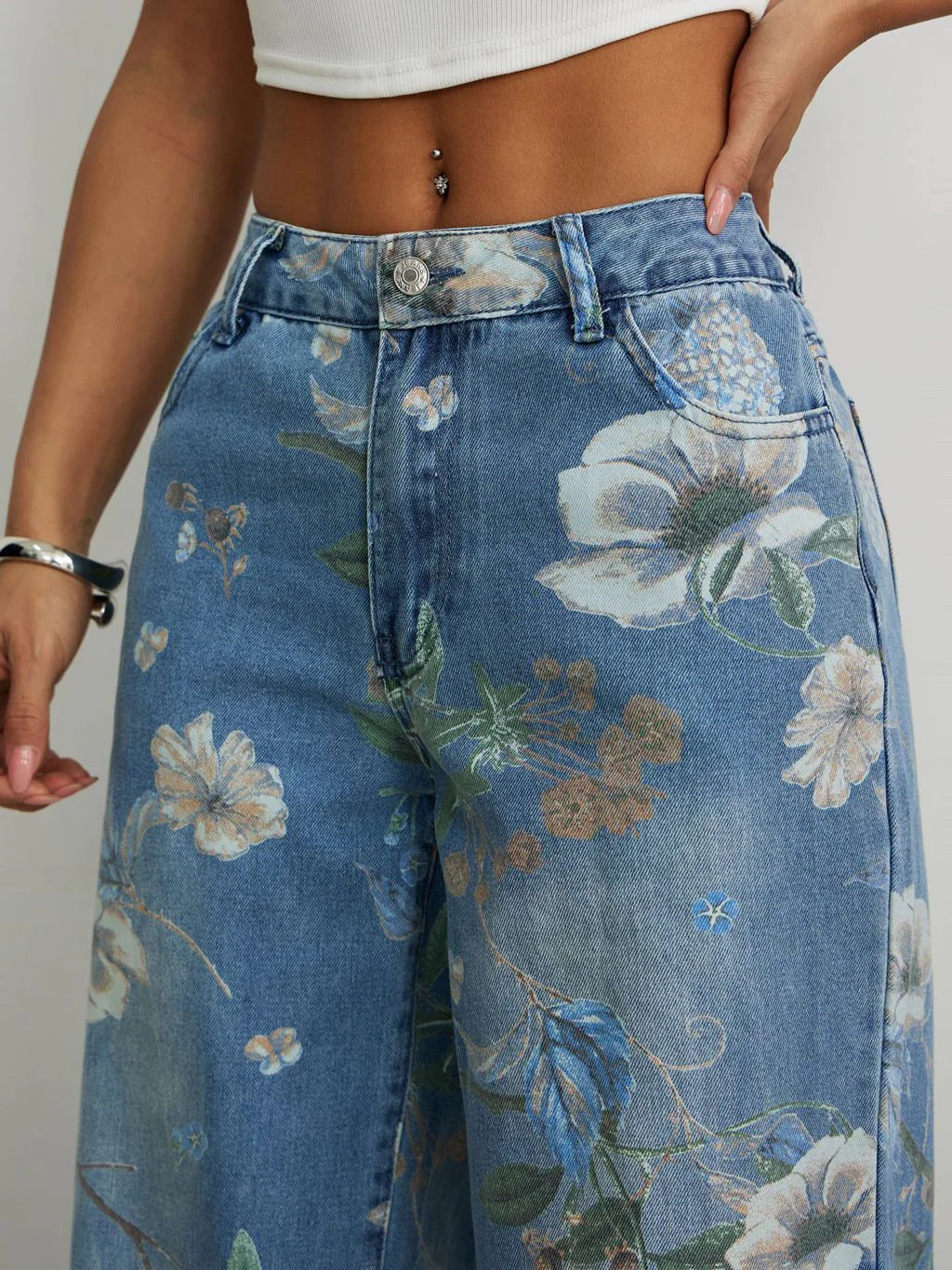 Women's Loose Straight Wide-Leg Printed Denim Pants