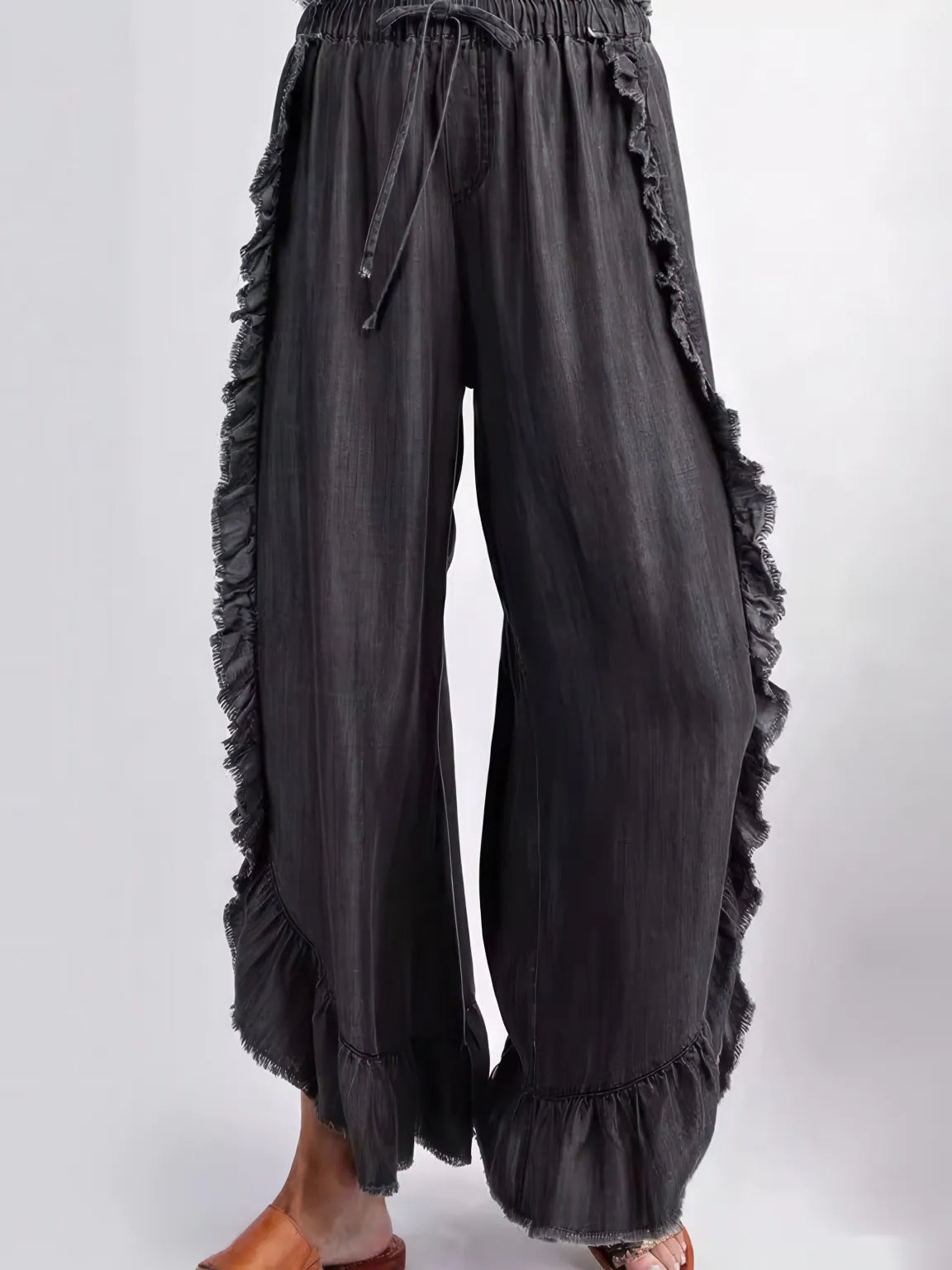 Denim ruffled fur-edged flared trousers