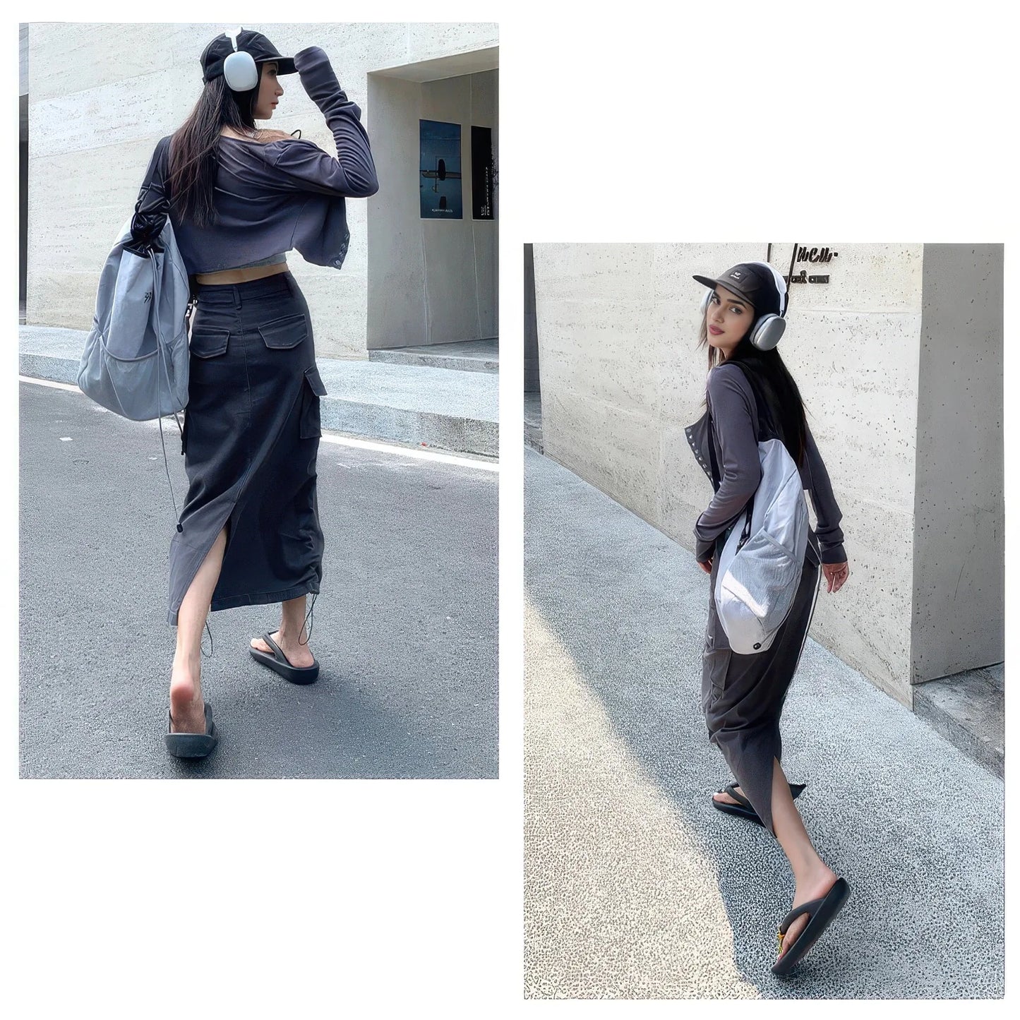 Woman walking outdoors wearing a gray outfit with a backpack and headphones. #Color_Gray