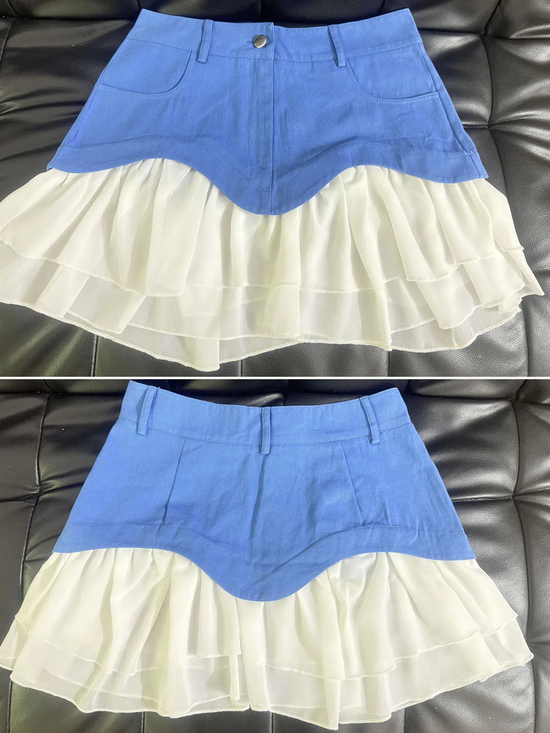 Two views of a blue and white skirt on a dark leather surface. #Color_Blue