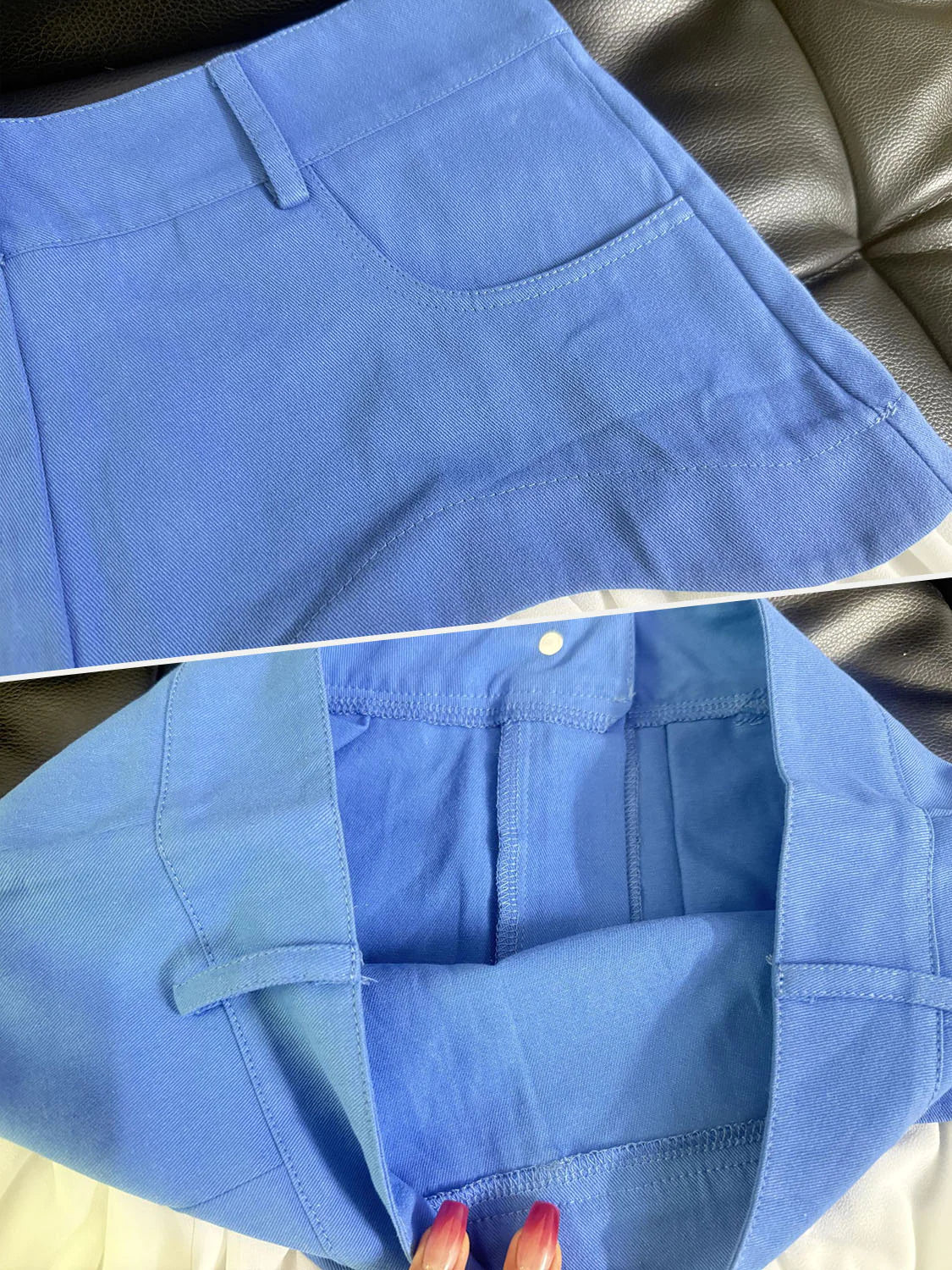 Close-up of blue pants with a focus on the waistband and pocket area. #Color_Blue