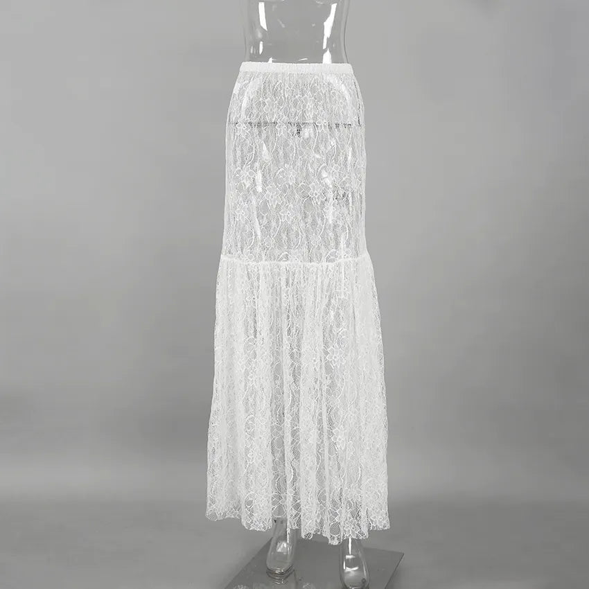 Lace Sheer White Jacquard High-Waist Skirt