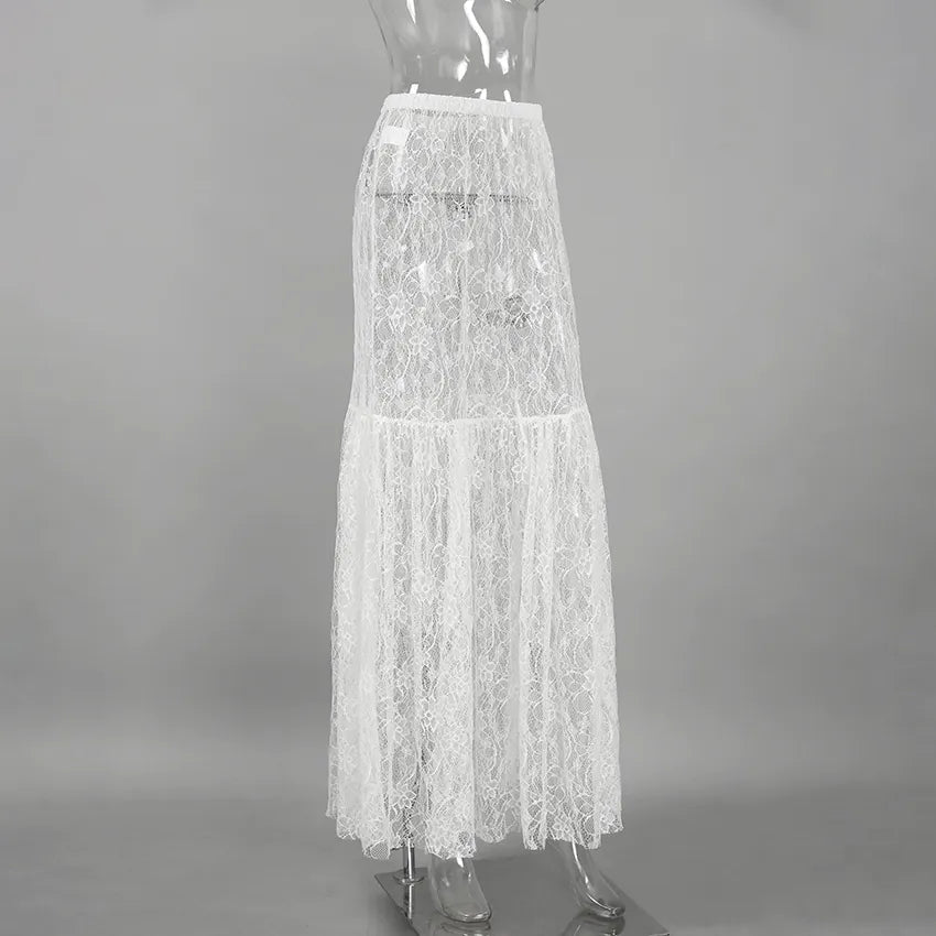 Lace Sheer White Jacquard High-Waist Skirt