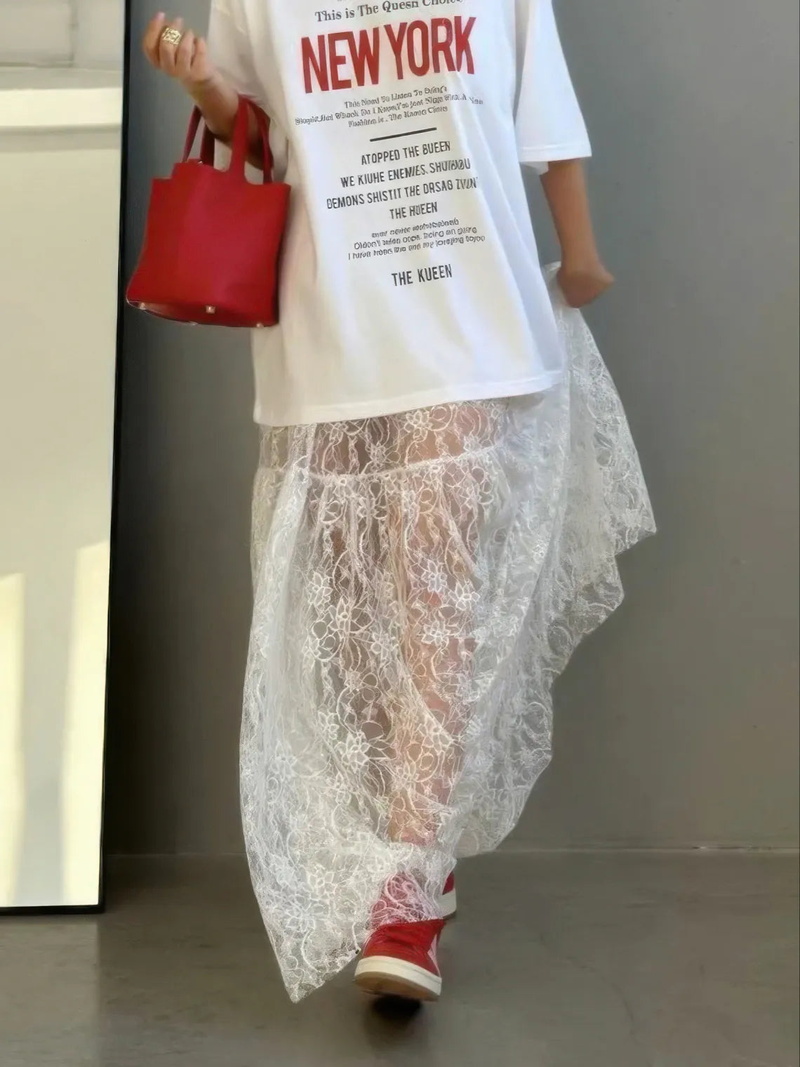 Lace Sheer White Jacquard High-Waist Skirt