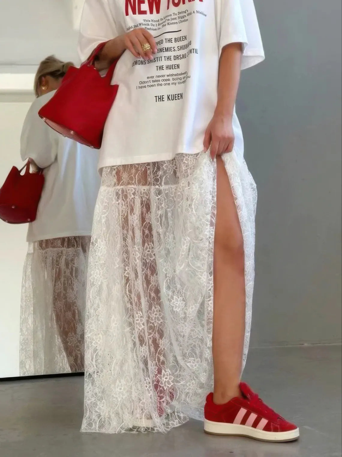 Lace Sheer White Jacquard High-Waist Skirt