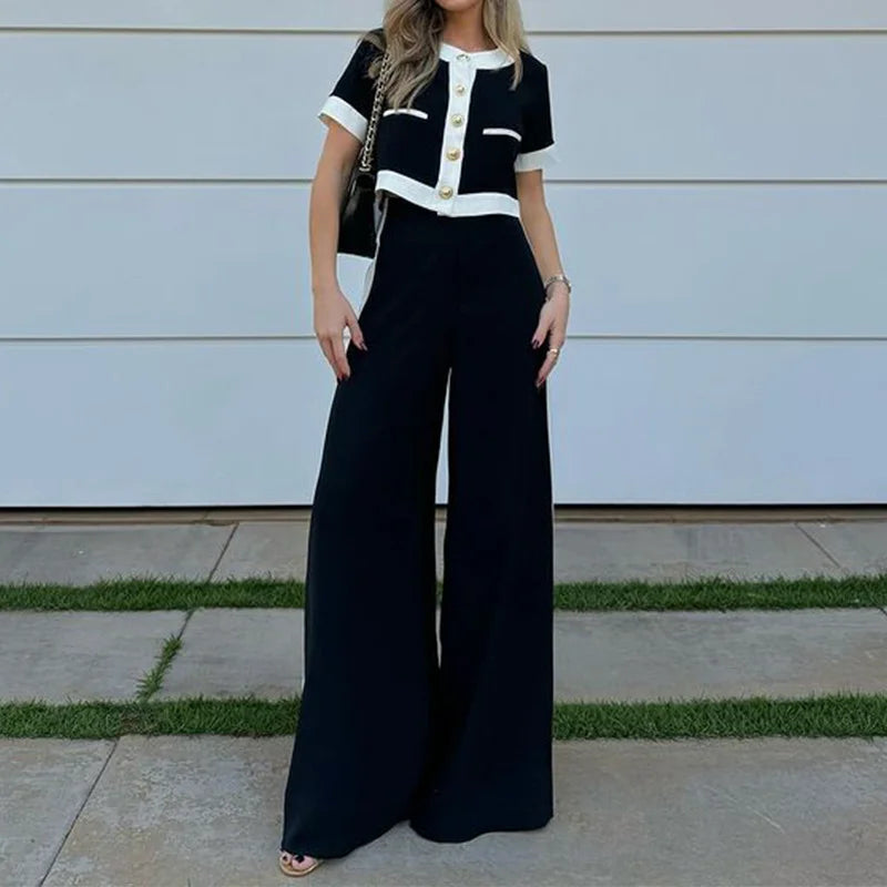 Short-sleeved top and straight pants two-piece set