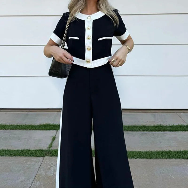 Short-sleeved top and straight pants two-piece set