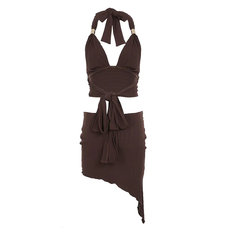 Haltering Neck V-Neck Backless Vest Skirt Two-Piece Set