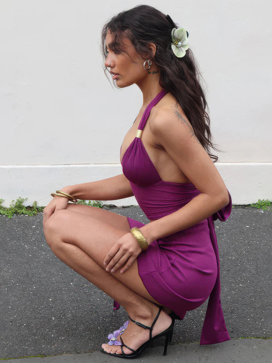 Haltering Neck V-Neck Backless Vest Skirt Two-Piece Set