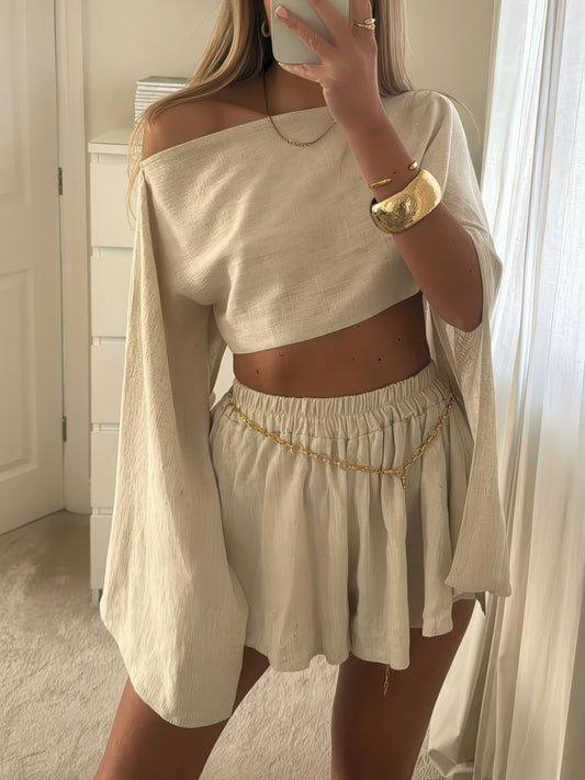 Linen Long Sleeve Top + Shorts Set for Women