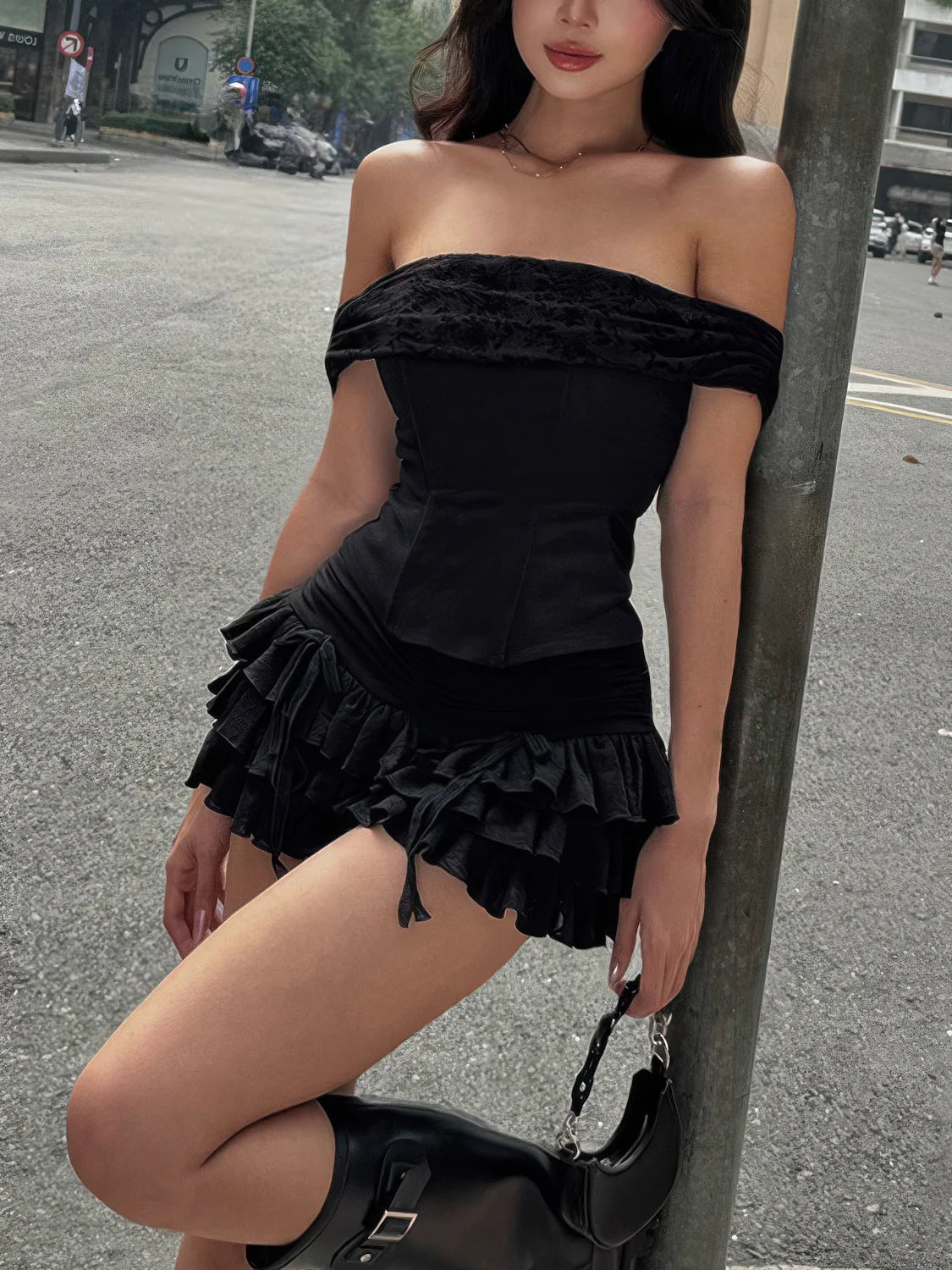 Off-the-shoulder tube top and ruffled skirt set