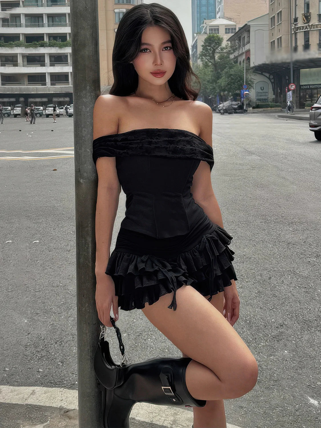 Off-the-shoulder tube top and ruffled skirt set