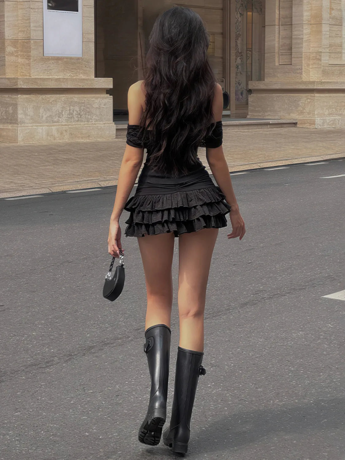 Off-the-shoulder tube top and ruffled skirt set