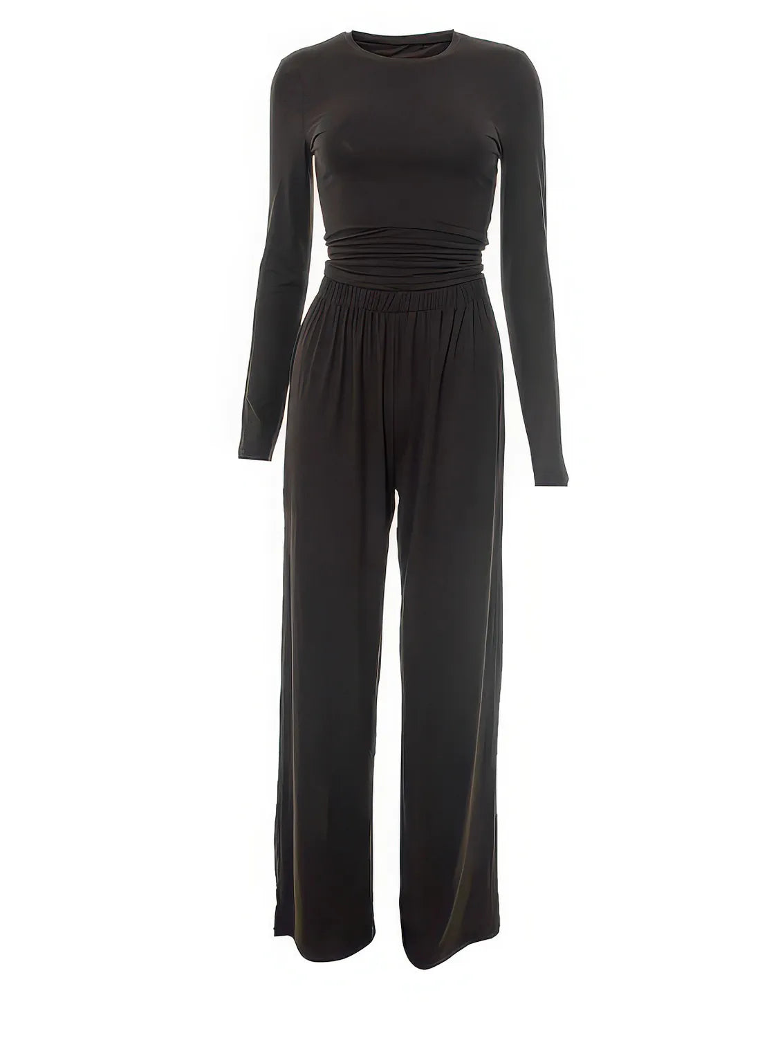 Black long-sleeve jumpsuit on a white background. #Color_Brown