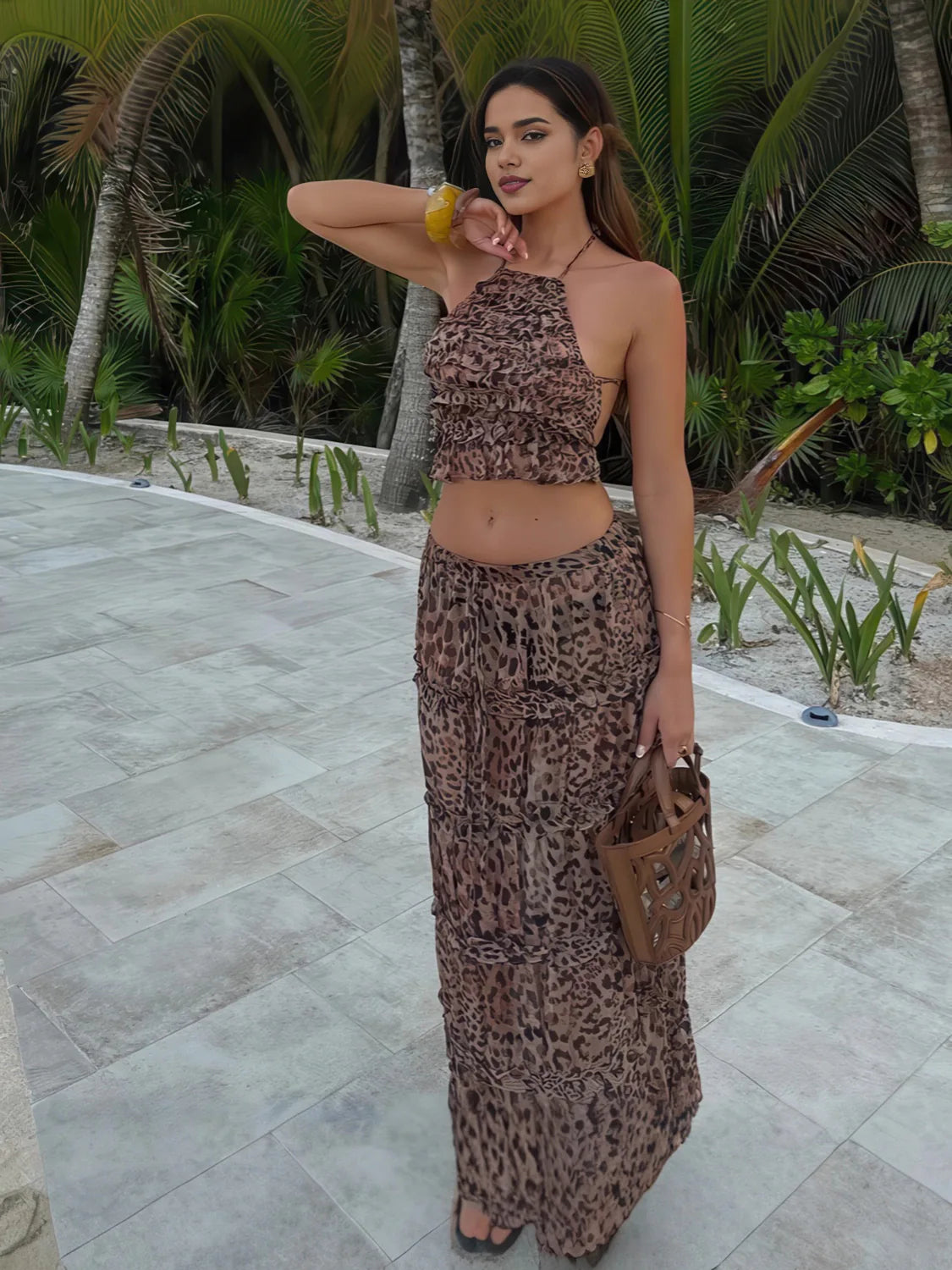 Backless Leopard Print Skirt Set with Straps