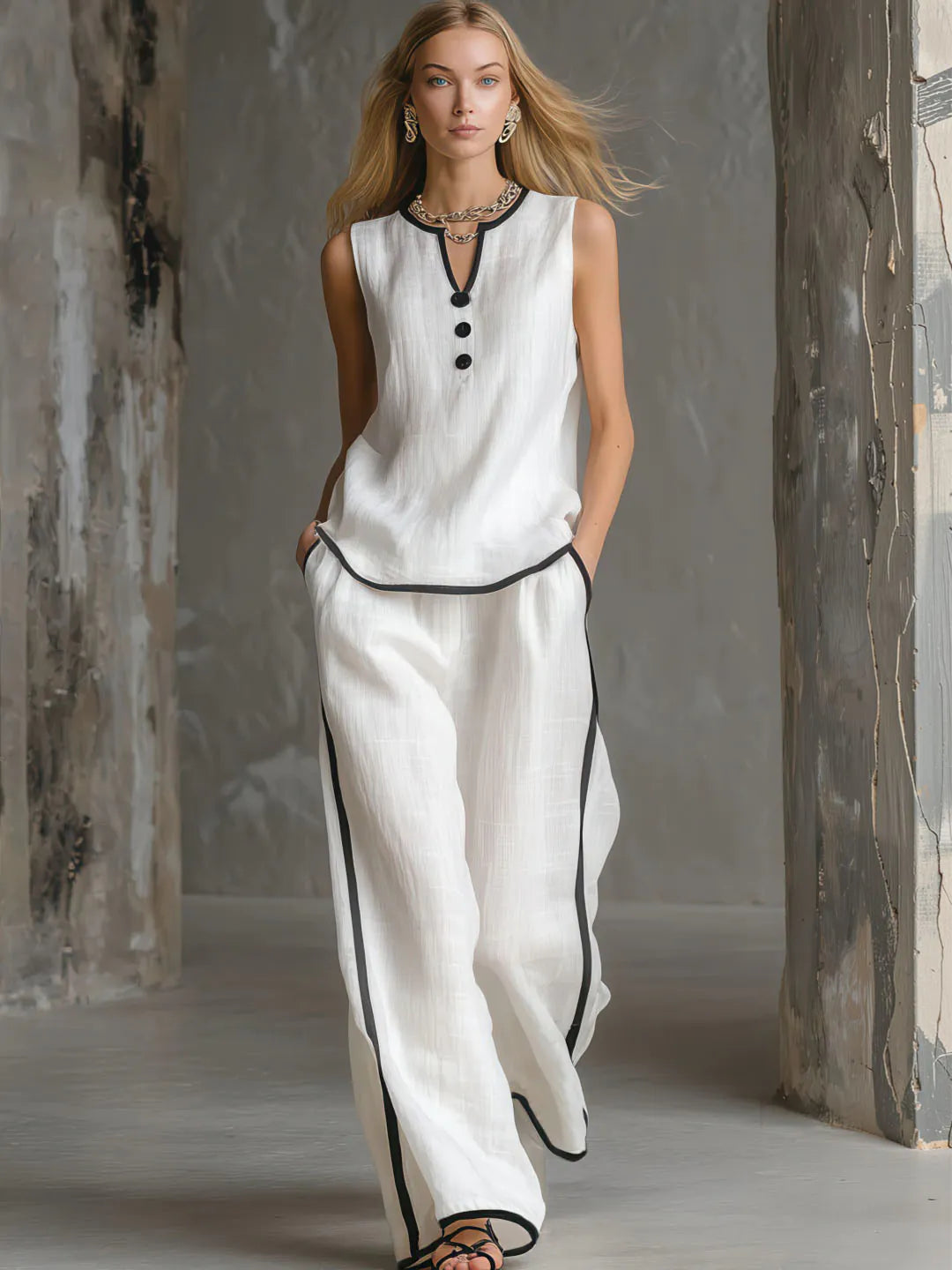 Sleeveless V-neck top wide-leg pants set