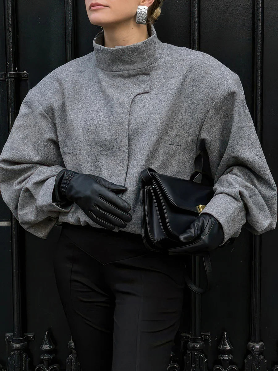 Stylish gray coat with mock collar for women