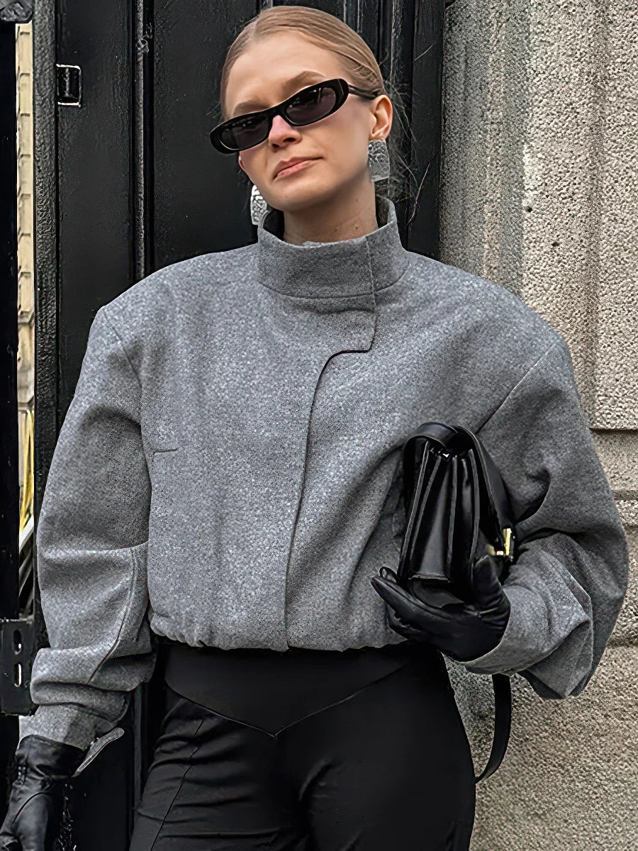 Stylish gray coat with mock collar for women