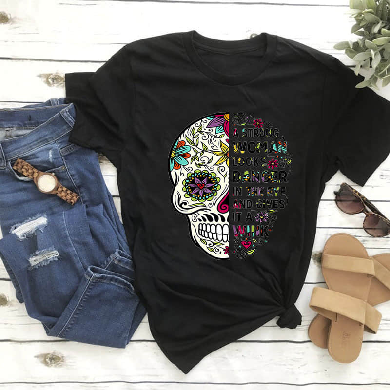 Women's color skull letter print T-shirt Black / 3XL | IFAUN
