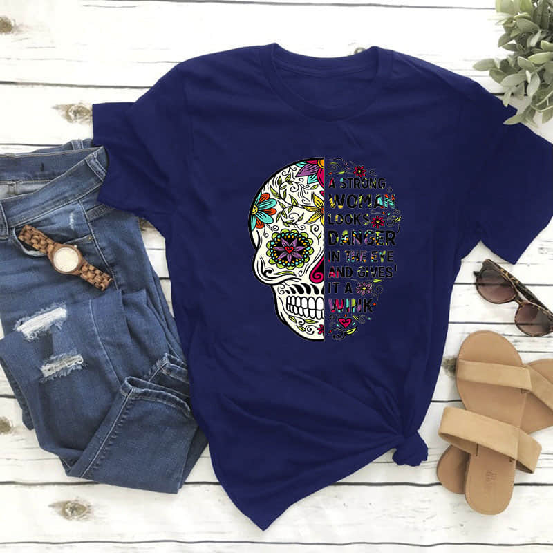 Women's color skull letter print T-shirt MidnightBlue / 3XL | IFAUN